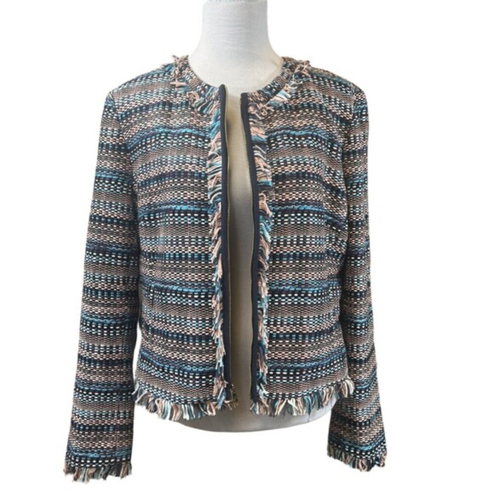 Juicy Couture Black Label Tweed Blue Zip Frayed Short Jacket Size 14 Womens